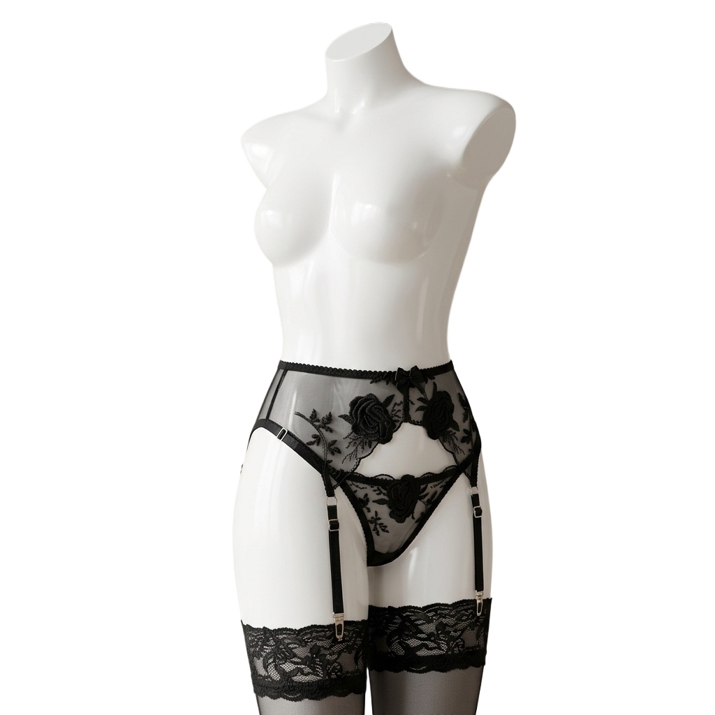 Garter Belt Set - Damen-Set aus besticktem Blumen-Strumpfband und Höschen,